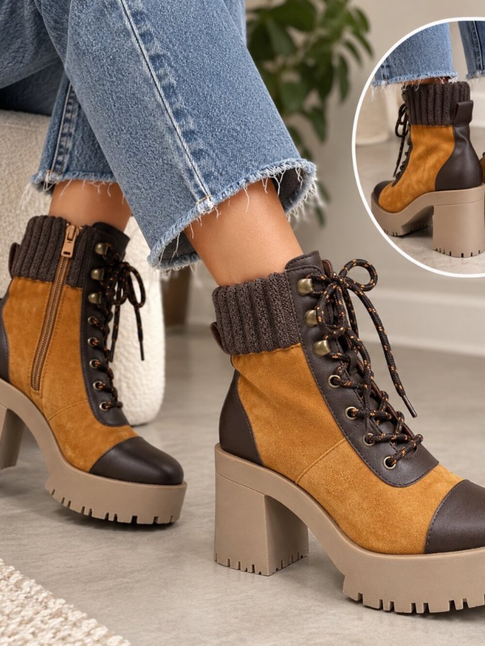 Chelsea & Violet Zaira Boots Women’s 6.5 Brown Suede Chunky Platform Lace Up